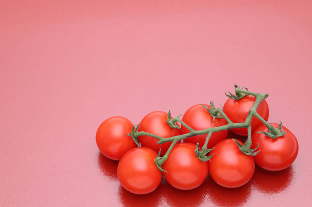 rama de tomates cherry sobre un fondo rojo
 - Foto, Imagen