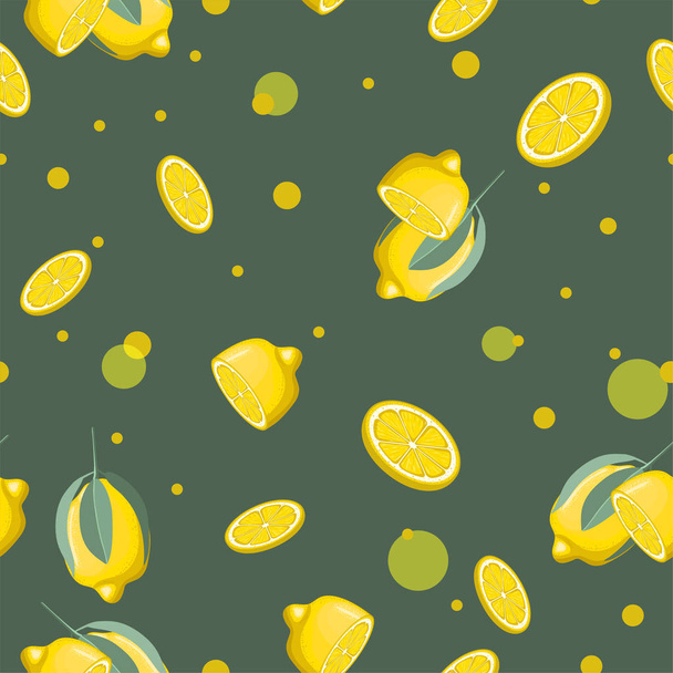 Fresh lemons background, hand drawn icons. Wallpaper vector. Colorful seamless pattern with a collection of fresh fruits. Decorative illustration, good for print. - Vector, Image