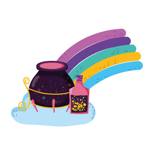 caldero mágico bruja con botellas de poción en arco iris
 - Vector, Imagen