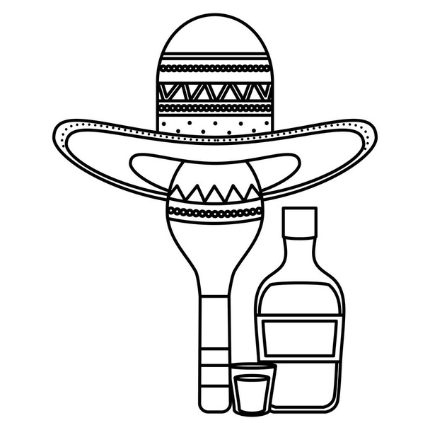 maraca with mexican hat and tequila bottle - Vector, Image