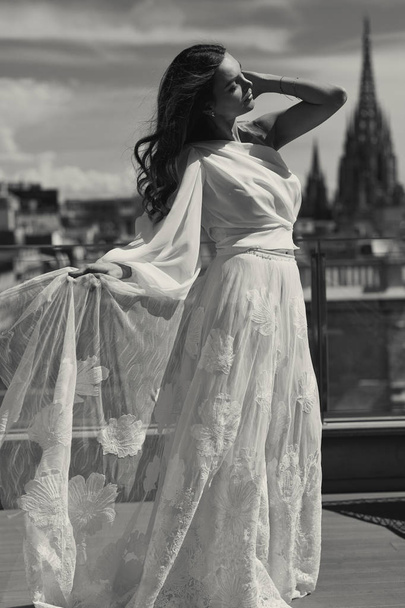 Black and white photo of young bride in white dress - Photo, Image