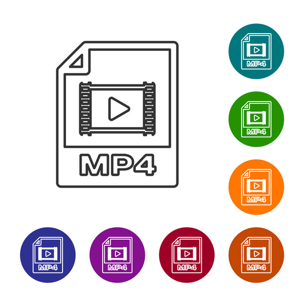 Εικονίδιο εγγράφου αρχείου γκρι MP4. Κατεβάστε MP4 εικονίδιο γραμμής κουμπιού απομονώνεται σε λευκό φόντο. Σύμβολο αρχείου MP4. Ρυθμίστε το εικονίδιο σε έγχρωμα κουμπιά κύκλου. Απεικόνιση διανυσματικών φορέων - Διάνυσμα, εικόνα