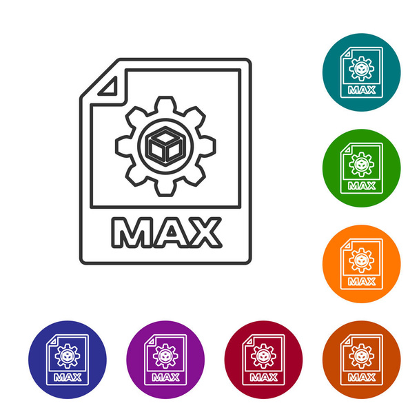 Grijs Max bestands documentpictogram. Download het pictogram van de Max-knop lijn geïsoleerd op een witte achtergrond. Max bestands symbool. Pictogram instellen in de knoppen kleur cirkel. Vector illustratie - Vector, afbeelding