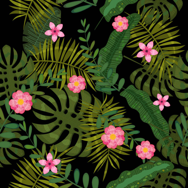 Zomer naadloze exotische bloemen tropische Palm, bananen bladeren. Patroon vector naadloos op de zwarte achtergrond. Plant bloem natuur behang, geïsoleerd - Vector, afbeelding