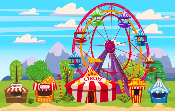 Amusement park, a landscape with a circus, carousels, carnival, attraction and entertainment, ice cream stall, drinks tent, waffles, ticket office. Vector illustration, isolated, cartoon style, banner - Vector, Image