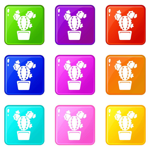Circle cactus icons set 9 color collection - Vetor, Imagem