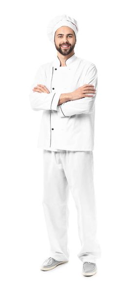 Przystojny mężczyzna szef kuchni na białym tle - Zdjęcie, obraz
