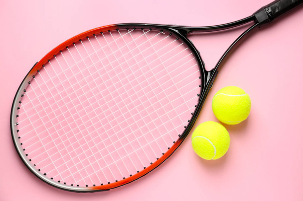 Tennis racket and balls on color background - Photo, image