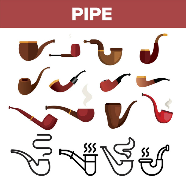 Tobacco Pipe Icon Set Vector. Smoke Cigar. Old Graphic Silhouette. Ash. Nicotine Addiction Object. Wooden Vintage Retro Classic Cigarette. Line, Flat Illustration - Vector, Image