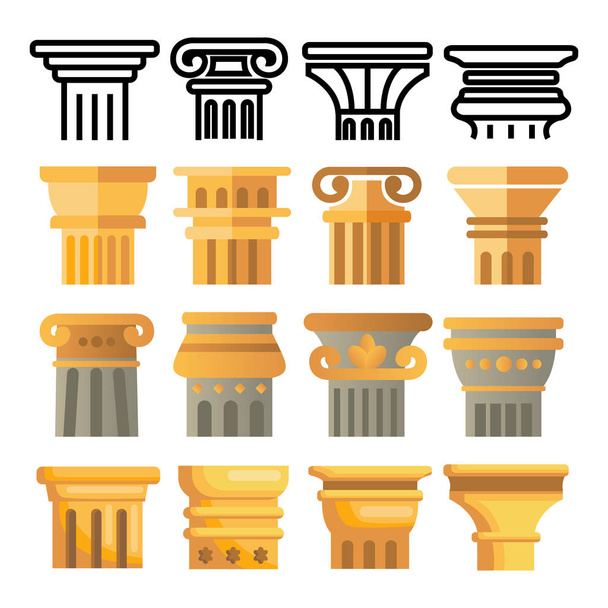 Ősi oszlop ikon set vektor. Építészet római szimbólum. Ősi pillér. Görögország Building. Róma kultúráját. Régi grafikai elem. Történelmi klasszikus Sign. Vonal, lapos illusztráció - Vektor, kép