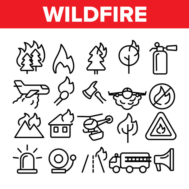 Wildfire, Bushfire Διανυσματική Λεπτή Γραμμή Εικόνες Σετ - Διάνυσμα, εικόνα