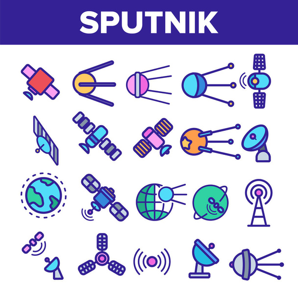 Orbitalny Sputnik liniowy Vector cienkie ikony zestaw - Wektor, obraz