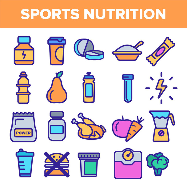 Sport kiegészítés élelmiszer-line ikon beállítása Vector. Táplálkozás piktogram. Egészségügyi sport kiegészítés élelmiszer-szimbólum. Energia-vitamin diéta. Vékony vázlat web illusztráció - Vektor, kép