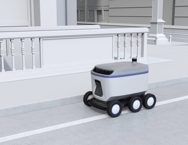 Itseohjautuva toimitus robotti pysäköinti tienvarsilla. 3D-renderöintikuva
. - Valokuva, kuva