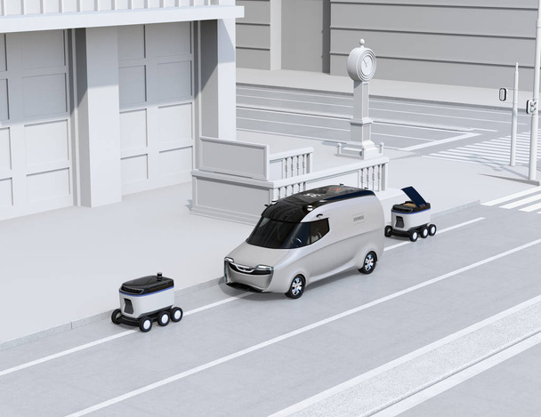 Itseohjautuvat kuljetusrobotit ja pakettiauto kadulla. 3D-renderöintikuva
. - Valokuva, kuva