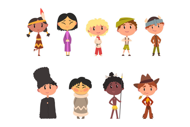 Kids in national clothes, boys and girls cartoon characters in traditional costume of American Indian, Japanese, American Cowboy, Eskimo, Russian, Australian Aboriginal, German vector Illustration - Vector, Image