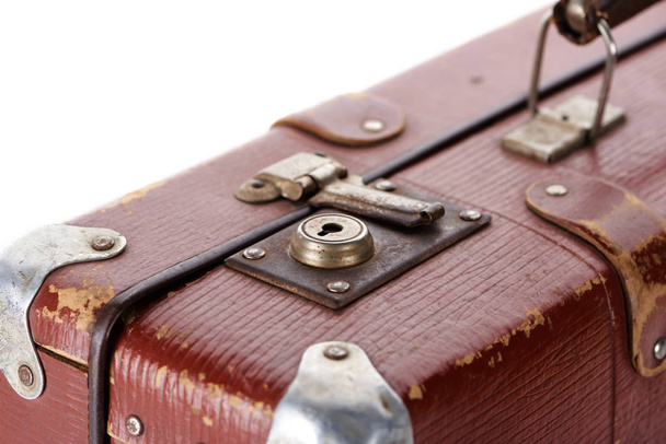 close up view of metal rusty lock on vintage brown suitcase isolated on white - Photo, Image
