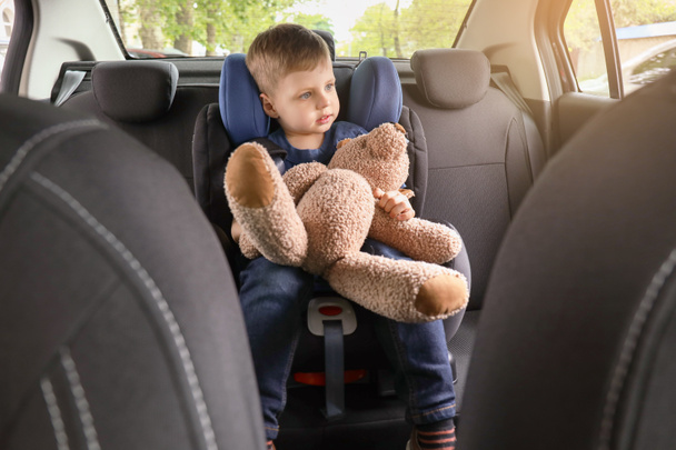 Kleiner Junge mit Spielzeugbär im Autositz angeschnallt - Foto, Bild
