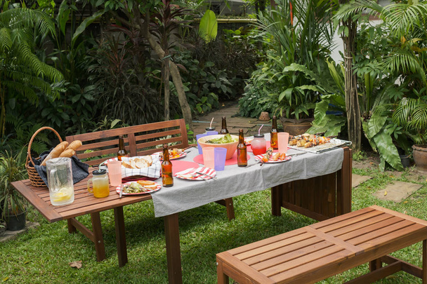 usadit dřevěný stůl venku a červenou desku s pivem pro jídlo - Fotografie, Obrázek