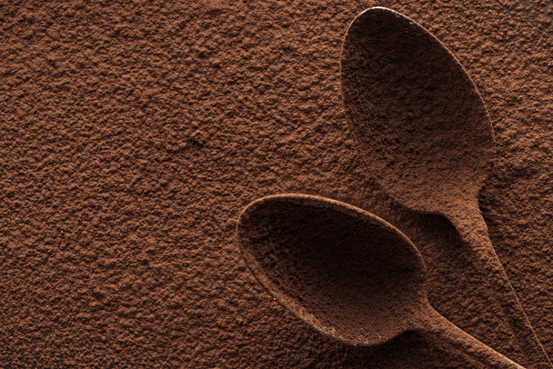Vista dall'alto di cucchiai con cacao in polvere su sfondo cacao
 - Foto, immagini