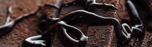 Panoramaaufnahme von geschmolzener Schokolade mit Stücken von dunkler Schokolade und Kakaopulver - Foto, Bild