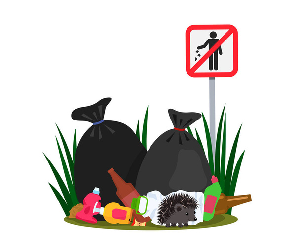 Disastro ecologico causato dai rifiuti di plastica nella foresta. un simpatico riccio vicino al visone sullo sfondo di una discarica e sacchi della spazzatura
. - Vettoriali, immagini