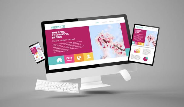 computer, tablet e smartphone mostrando impressionante sito web reattivo con scren bianco rendering 3d
 - Foto, immagini