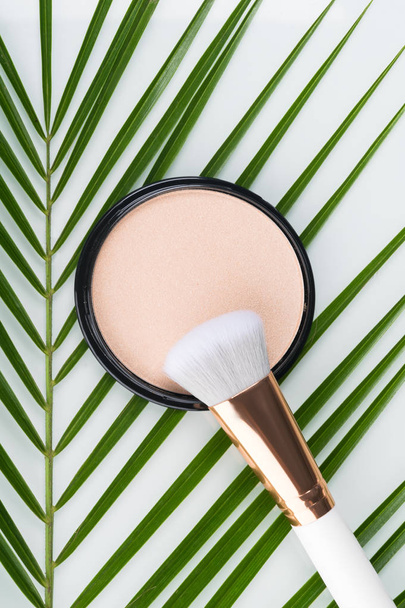 face powder with a brush lies on a background of green twigs of a plant - Foto, Imagen