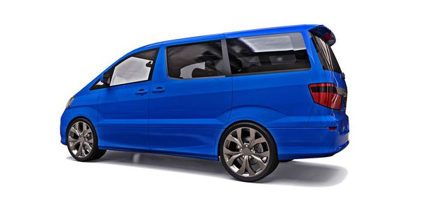 Piccolo minivan blu per il trasporto di persone. Illustrazione tridimensionale su sfondo grigio lucido. rendering 3d
. - Foto, immagini