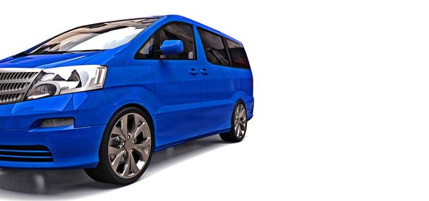Blauwe kleine minibus voor het vervoer van mensen. Driedimensionale afbeelding op een glanzende grijze achtergrond. 3D-rendering. - Foto, afbeelding