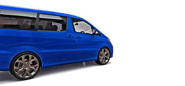 Blauwe kleine minibus voor het vervoer van mensen. Driedimensionale afbeelding op een glanzende grijze achtergrond. 3D-rendering. - Foto, afbeelding