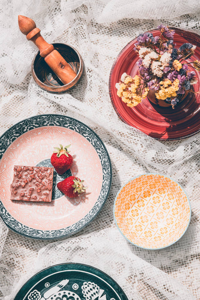 Breakfast served with chocolate and strawberry. - Fotoğraf, Görsel