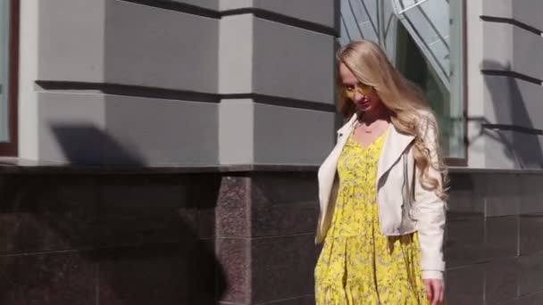 De stijlvolle en aantrekkelijke meisje loopt door de stad langs de winkels - Video