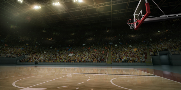 Профессиональная баскетбольная площадка. Трибуны со спортивными фанатами. 3D иллюстрация
 - Фото, изображение