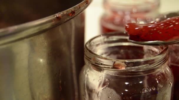 Woman Puts Handmade Strawberry Jam In Jar - Felvétel, videó