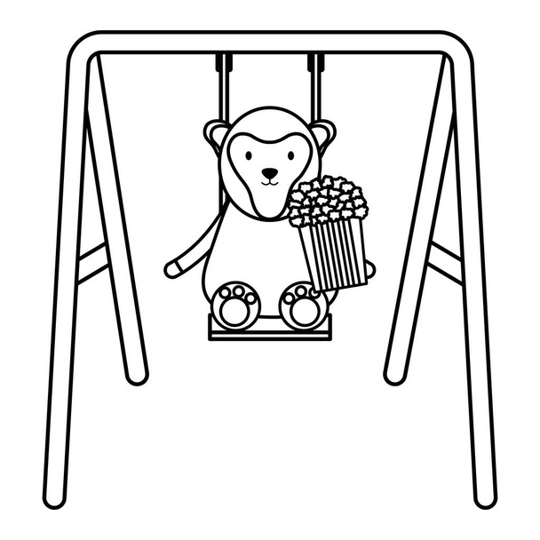 cute monkey with popcorn in swing - Vector, Image