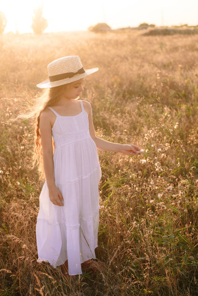 Cute little girl with blond long hair in a summer field at sunset with a white dress with a straw hat - Fotó, kép