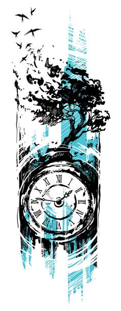Grafické černé starožitné hodiny se stromem a vlaštovky - Vektor, obrázek