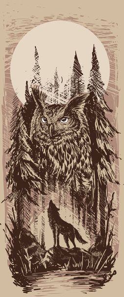 Графический ревущий волк с большой совой в лесу
 - Вектор,изображение