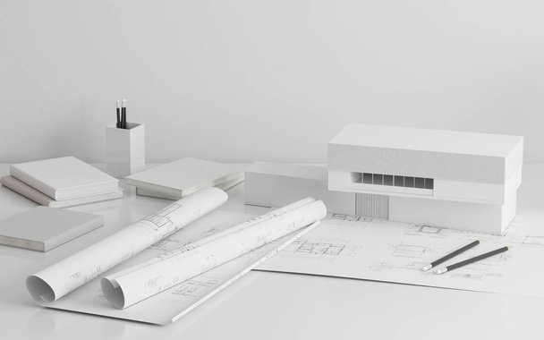 Mock-up von architektonischem Konstruktionspapier mit weißem Baumodell, Blaupausen - 3D-Rendering - Foto, Bild