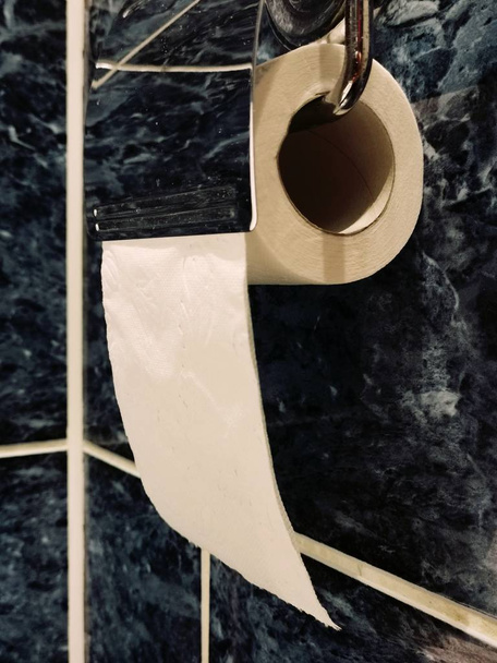 Roll van wc-papier opknoping op de WC-houder - Foto, afbeelding