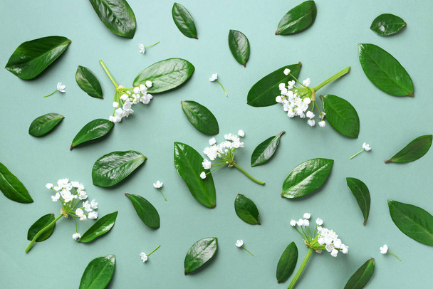 Spring leaves pattern on green background. Creative layout. Top view. Flat lay. - Foto, immagini