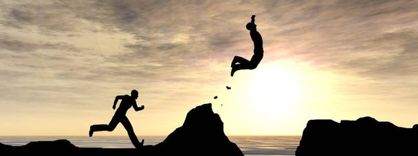 Concepto o ilustración conceptual 3D joven hombre o hombre de negocios silueta salto feliz desde el acantilado sobre la brecha de agua puesta de sol o amanecer cielo fondo bandera
 - Foto, imagen