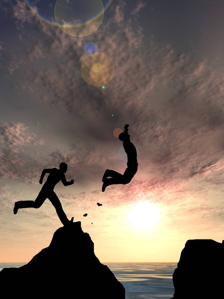 Concept of conceptuele 3d illustratie jonge man of zakenman silhouet sprong gelukkig van klif boven water gap zonsondergang of zonsopgang hemelachtergrond - Foto, afbeelding