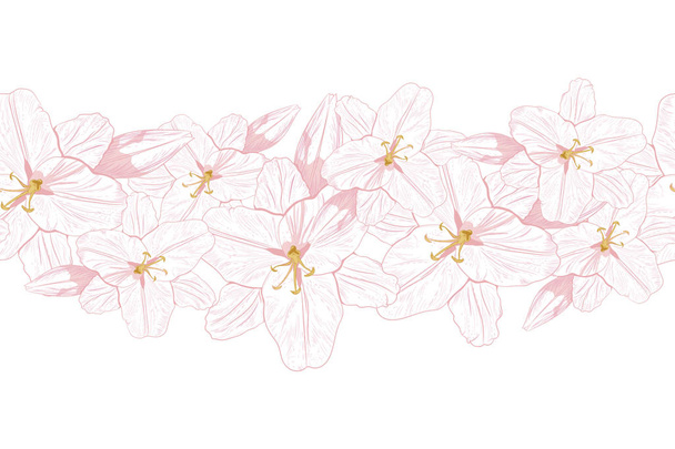 Vector floral pattern. Pink line lilies on a tender mint background. Hand-drawn contour lines. Design greeting card and invitation of the wedding, birthday, Valentine's Day. Flower border background. - ベクター画像