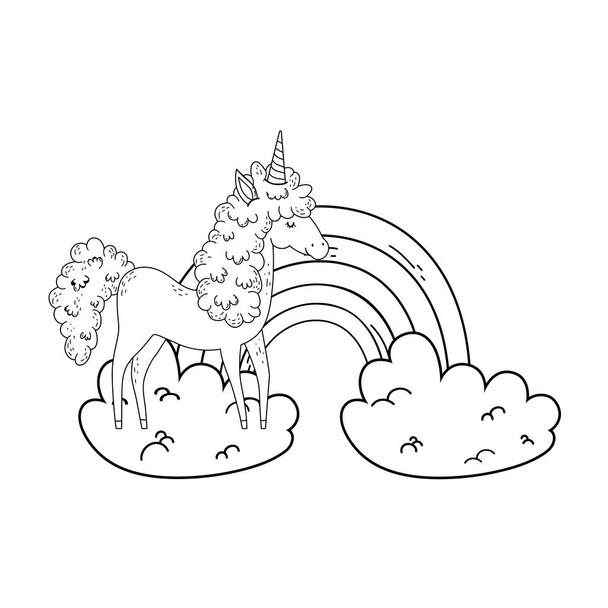 beautiful little unicorn in the clouds and rainbow - Vector, Image