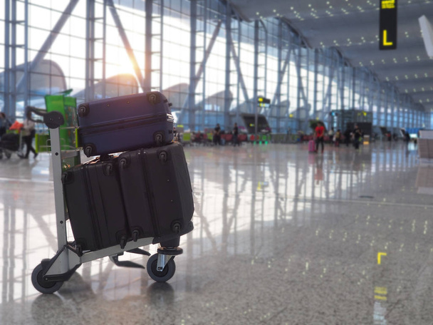 多くの荷物は空港のカートに入り、長期休暇のチェックインの準備ができています。飛行機での旅のコンセプトは非常に人気があります. - 写真・画像