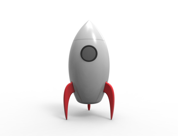 白い背景にヨーロト漫画のおもちゃロケットの3Dレンダリング - 写真・画像