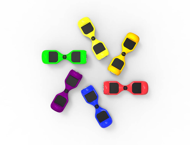 Birden fazla parlak renkli hoverboards 3d render - Fotoğraf, Görsel