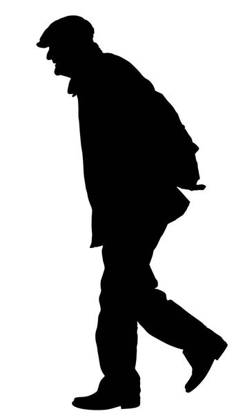 ●老人歩行ベクトルシルエットイラスト。白い背景に隔離されたおじいちゃんベクトル文字。シニア成熟したヘルスケア。老人は活発な生活を送っている。帽子と秋のジャケットを持つ祖父アウトドア. - ベクター画像